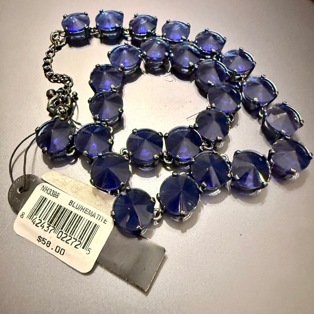 AQUA Bloomingdale Deep Blue Crystal Gunmetal Necklace NWT